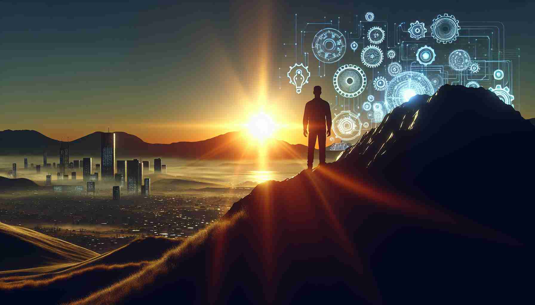 Render a realistic HD image representing the concept of the dawn of a new tech era. Include elements that symbolize innovation and forward-thinking. This scene might include the silhouette of an unknown person standing on a hilltop, watching the sunrise. Symbols of emerging technology like gears, circuitry, and digital elements can mingle with the traditional dawn landscape.