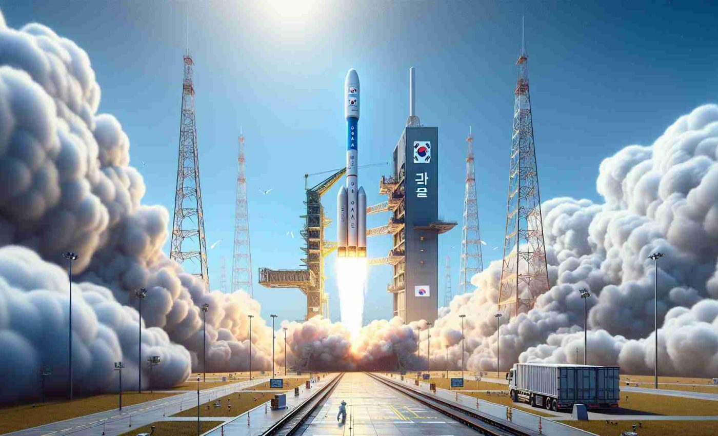 A high definition, realistic image of an exciting scene depicting the launch of a communications satellite labelled 'Koreasat-6A'. This moment signifies a new era in South Korean communications. The launch platform is buzzing with action as the rocket propels upwards with a trail of white hot exhaust below it. In the background, the clear blue sky indicates a perfect day for a launch. The ground crew in the distance are watching intently, dotting the landscape.