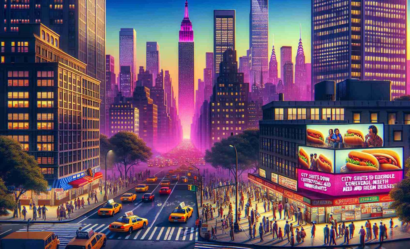 Create a high-definition, realistic image of a metropolitan environment at dusk, with skyscrapers stretching into the magenta-hued sky. Display a news ticker on one of the buildings, stating 'City Shuts Down Controversial Aid Program for Immigrants'. Illustrate the bustling streets with diverse groups of people expressing mixed reactions to the news. Include taxi cabs, hot dog stands, street vendors, and pedestrians crossing the street, creating a typical New York City scene.