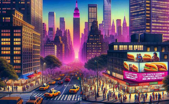 Create a high-definition, realistic image of a metropolitan environment at dusk, with skyscrapers stretching into the magenta-hued sky. Display a news ticker on one of the buildings, stating 'City Shuts Down Controversial Aid Program for Immigrants'. Illustrate the bustling streets with diverse groups of people expressing mixed reactions to the news. Include taxi cabs, hot dog stands, street vendors, and pedestrians crossing the street, creating a typical New York City scene.