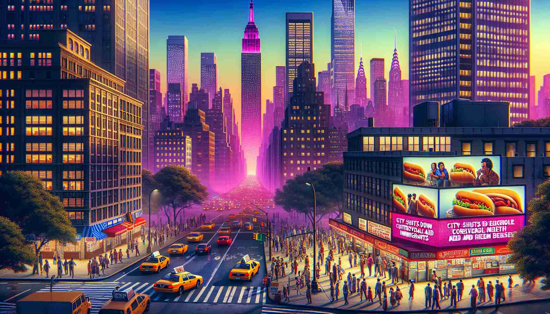 Create a high-definition, realistic image of a metropolitan environment at dusk, with skyscrapers stretching into the magenta-hued sky. Display a news ticker on one of the buildings, stating 'City Shuts Down Controversial Aid Program for Immigrants'. Illustrate the bustling streets with diverse groups of people expressing mixed reactions to the news. Include taxi cabs, hot dog stands, street vendors, and pedestrians crossing the street, creating a typical New York City scene.