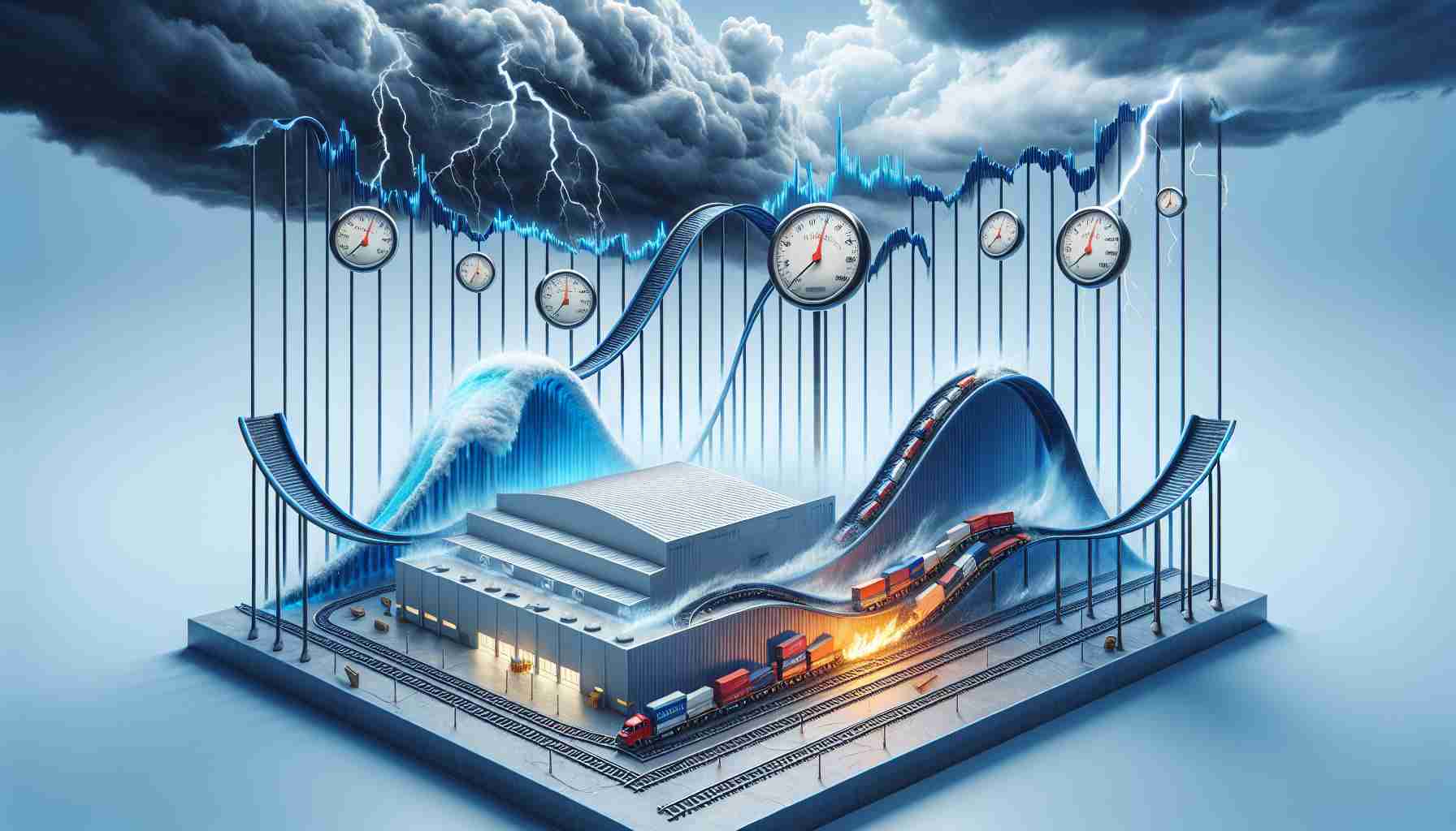 Generate a realistic HD image depicting a symbolic interpretation of the concept 'Is Costco Stock in Danger? Understanding the Risks of High Valuation'. The image could include elements such as a roller-coaster with steep dips and rises to represent fluctuating stock prices, a weighing scale showcasing high valuation risks, or a stormy weather over a large warehouse building to symbolize potential dangers. Please include text labels to provide context.