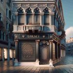 Realistic HD image of a luxurious retail street in Venice, showing closed stores. The stores' designs are elegant and show signs of being high-end - with meticulous architecture, high-quality glass windows and sophisticated, old-world charm. The focus is on one exceptionally large and ornate store with its shutter down, its color and the 'out of business' sign hanging on it add to the struggling atmosphere. Noticeable in the backdrop are the iconic venetian canals, narrow alleyways, and historical buildings adding to the dramatic scenery.