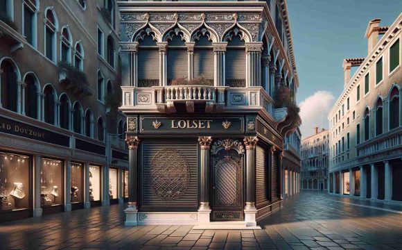 Realistic HD image of a luxurious retail street in Venice, showing closed stores. The stores' designs are elegant and show signs of being high-end - with meticulous architecture, high-quality glass windows and sophisticated, old-world charm. The focus is on one exceptionally large and ornate store with its shutter down, its color and the 'out of business' sign hanging on it add to the struggling atmosphere. Noticeable in the backdrop are the iconic venetian canals, narrow alleyways, and historical buildings adding to the dramatic scenery.