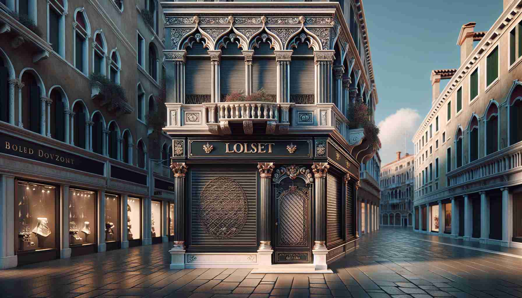 Realistic HD image of a luxurious retail street in Venice, showing closed stores. The stores' designs are elegant and show signs of being high-end - with meticulous architecture, high-quality glass windows and sophisticated, old-world charm. The focus is on one exceptionally large and ornate store with its shutter down, its color and the 'out of business' sign hanging on it add to the struggling atmosphere. Noticeable in the backdrop are the iconic venetian canals, narrow alleyways, and historical buildings adding to the dramatic scenery.