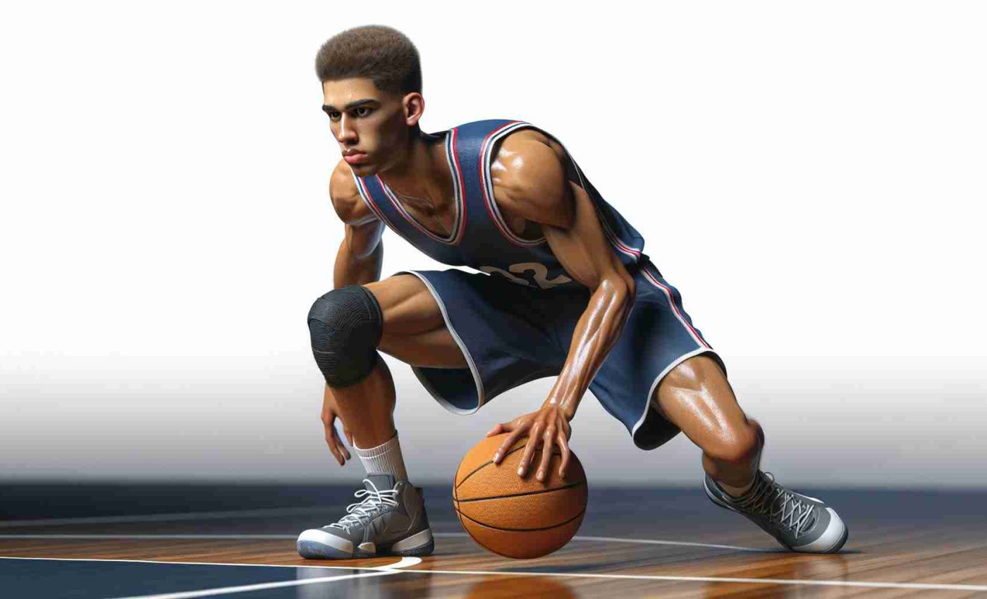 Realistic high-definition image of a young star basketball player, tall and athletic, facing struggles on the court. Portray him losing control of the basketball, signifying his turnover troubles. This picture does not identify any real athlete, but it rather illustrates a generic situation that many young sports talents might face.