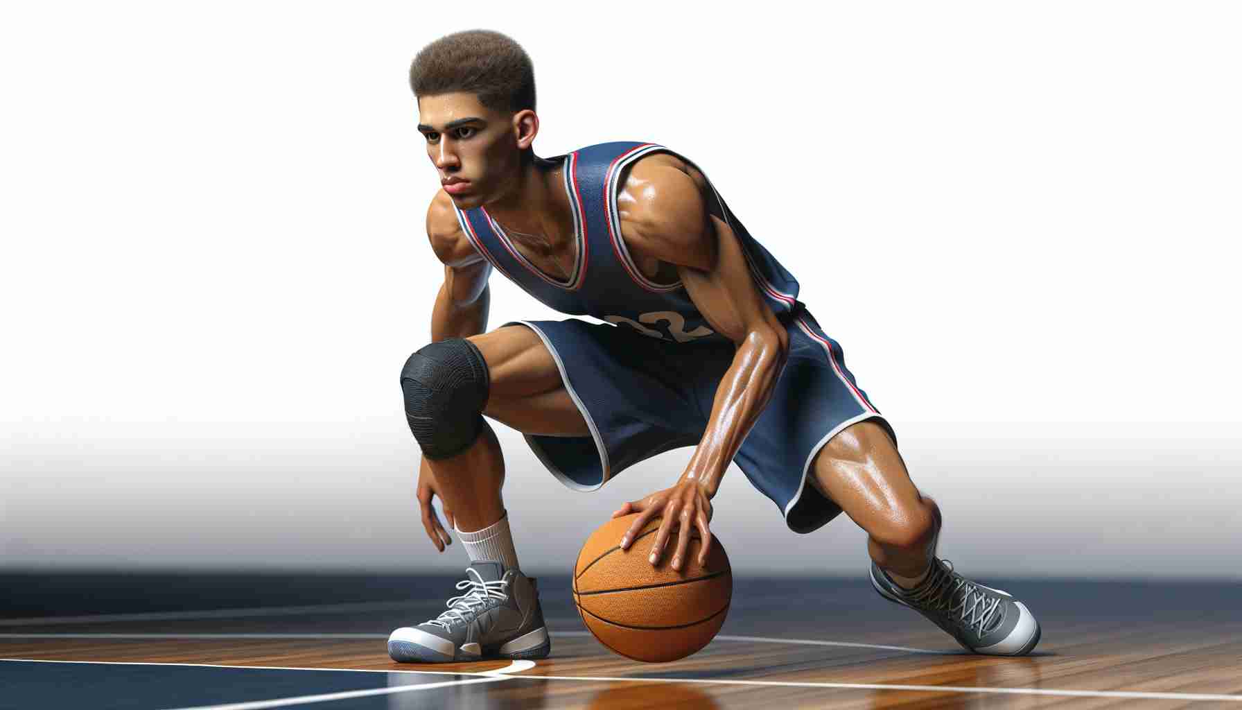 Realistic high-definition image of a young star basketball player, tall and athletic, facing struggles on the court. Portray him losing control of the basketball, signifying his turnover troubles. This picture does not identify any real athlete, but it rather illustrates a generic situation that many young sports talents might face.