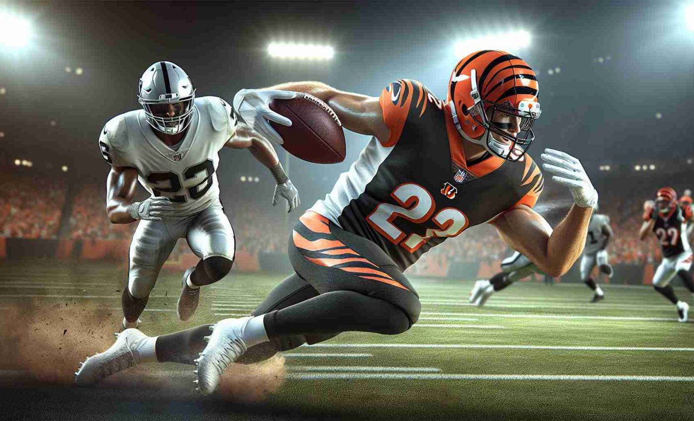 High-definition realistic image of a professional American football player from the Bengals' team, identified by jersey number instead of name, seizing an opportunity during a victorious game against the Raiders. This action-packed scene illustrates a key moment in the match, highlighting the comprehensive strategy, teamwork, athleticism and competitive spirit involved in professional sports.