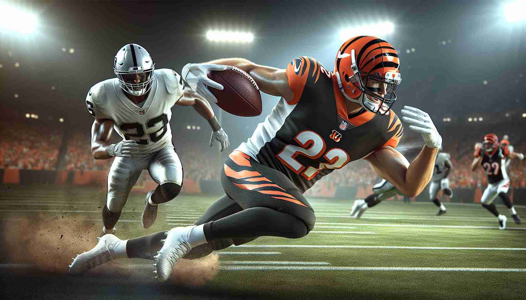 High-definition realistic image of a professional American football player from the Bengals' team, identified by jersey number instead of name, seizing an opportunity during a victorious game against the Raiders. This action-packed scene illustrates a key moment in the match, highlighting the comprehensive strategy, teamwork, athleticism and competitive spirit involved in professional sports.