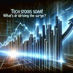 Generate a realistic HD image of a gleaming bar chart illustrating a rapid increase, representative of a stock's value soaring. The chart should be dynamic and high-tech in design to symbolize the tech industry surge. Title the image with a bold heading that says, 'Tech Stocks Soar! What's Driving the Surge?'