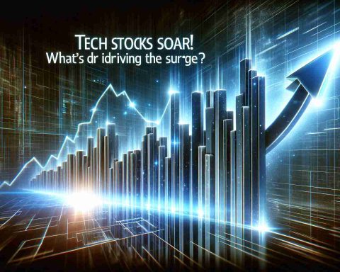 Generate a realistic HD image of a gleaming bar chart illustrating a rapid increase, representative of a stock's value soaring. The chart should be dynamic and high-tech in design to symbolize the tech industry surge. Title the image with a bold heading that says, 'Tech Stocks Soar! What's Driving the Surge?'