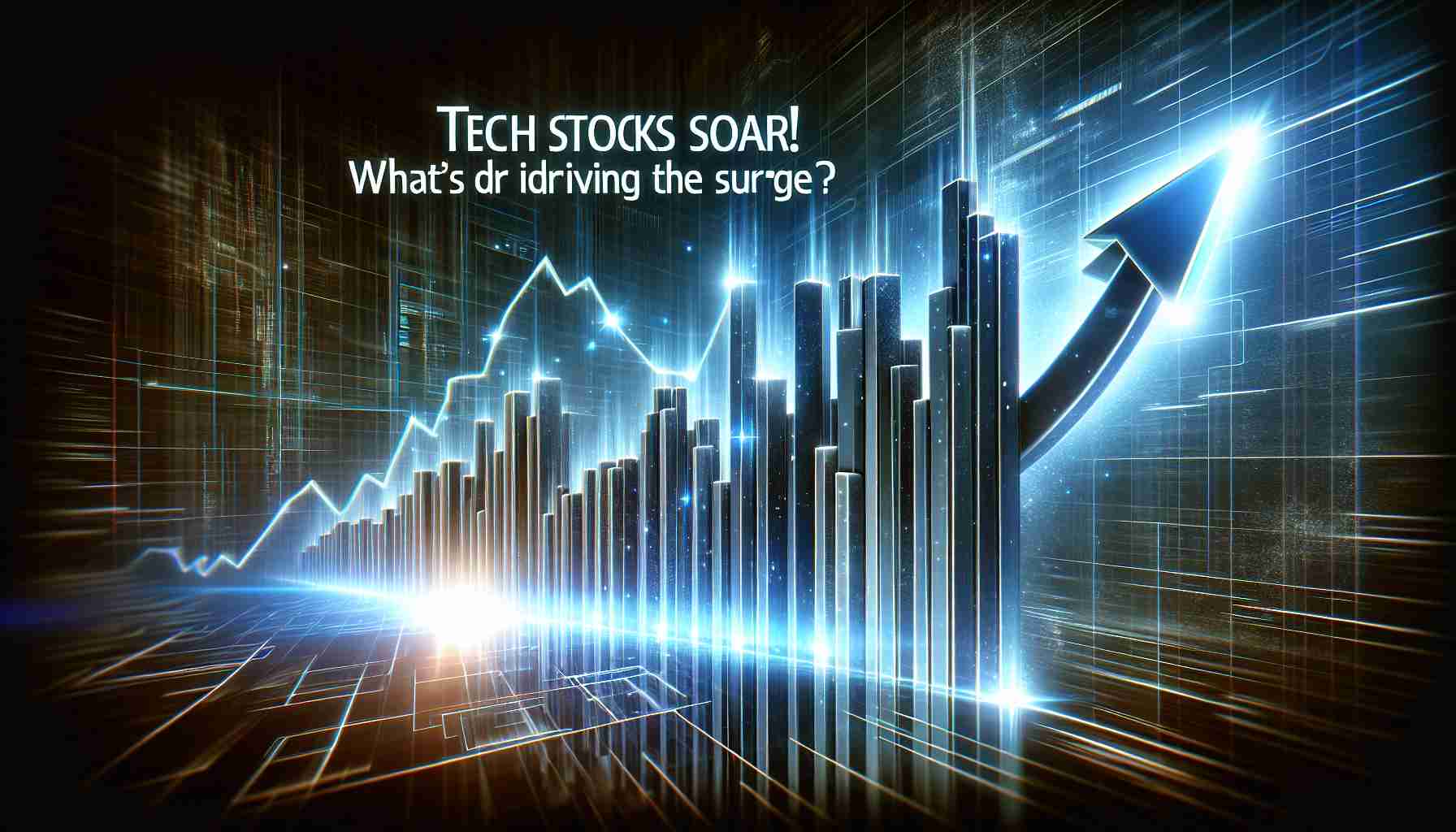 Generate a realistic HD image of a gleaming bar chart illustrating a rapid increase, representative of a stock's value soaring. The chart should be dynamic and high-tech in design to symbolize the tech industry surge. Title the image with a bold heading that says, 'Tech Stocks Soar! What's Driving the Surge?'