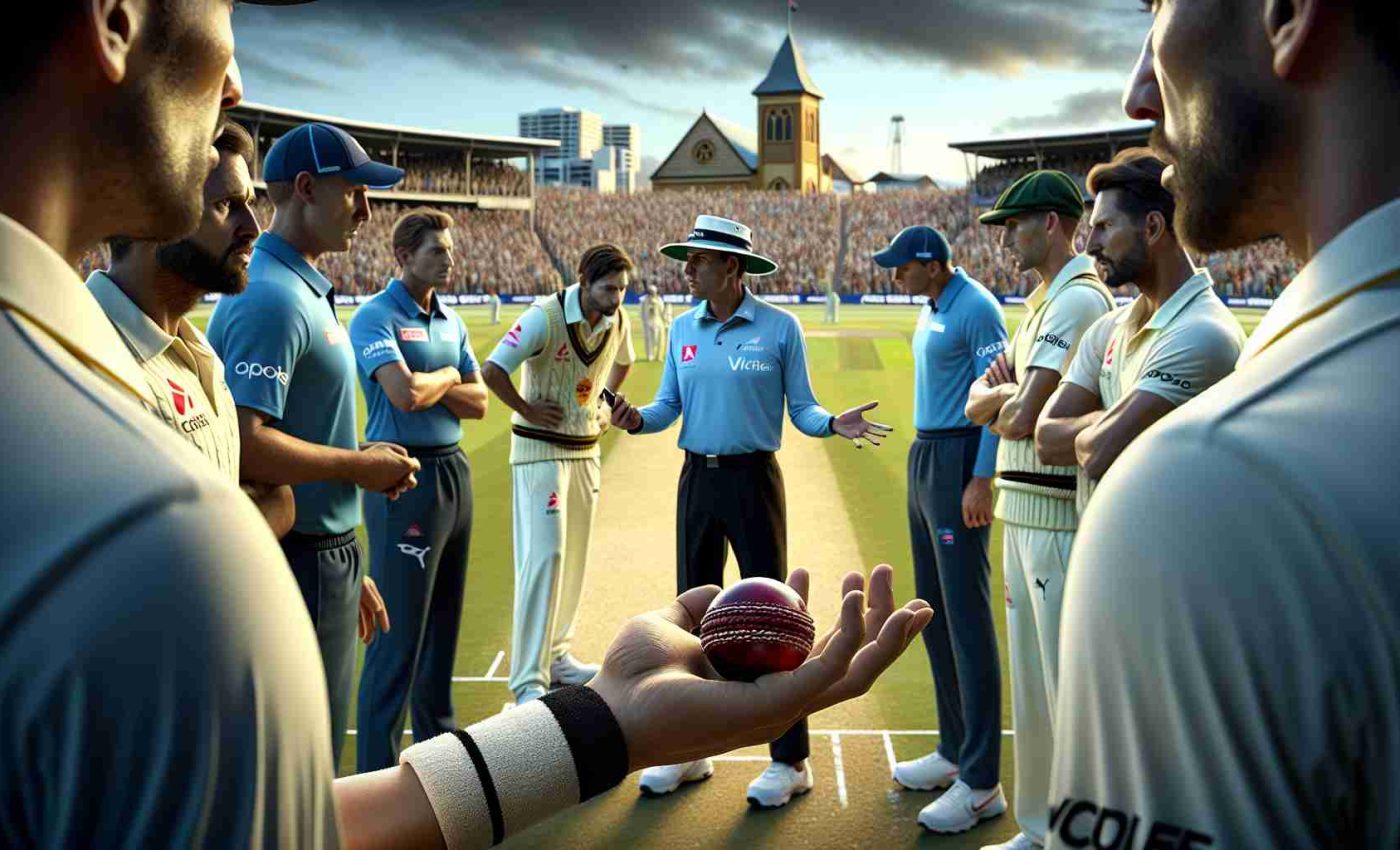 A high definition, realistic image of an intense cricket match scene in progress. The focus is on a tense interaction between the umpires, one of them holding a cricket ball under scrutiny, hinting at ball tampering allegations. Players from both teams engage in a heated debate, their emotions running high, reflecting the gravity of the situation. The backdrop of the scene is a crowded cricket stadium, with the city of Mackay, Australia portrayed in the distance.