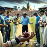 A high definition, realistic image of an intense cricket match scene in progress. The focus is on a tense interaction between the umpires, one of them holding a cricket ball under scrutiny, hinting at ball tampering allegations. Players from both teams engage in a heated debate, their emotions running high, reflecting the gravity of the situation. The backdrop of the scene is a crowded cricket stadium, with the city of Mackay, Australia portrayed in the distance.