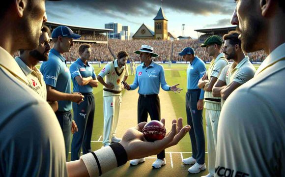 A high definition, realistic image of an intense cricket match scene in progress. The focus is on a tense interaction between the umpires, one of them holding a cricket ball under scrutiny, hinting at ball tampering allegations. Players from both teams engage in a heated debate, their emotions running high, reflecting the gravity of the situation. The backdrop of the scene is a crowded cricket stadium, with the city of Mackay, Australia portrayed in the distance.