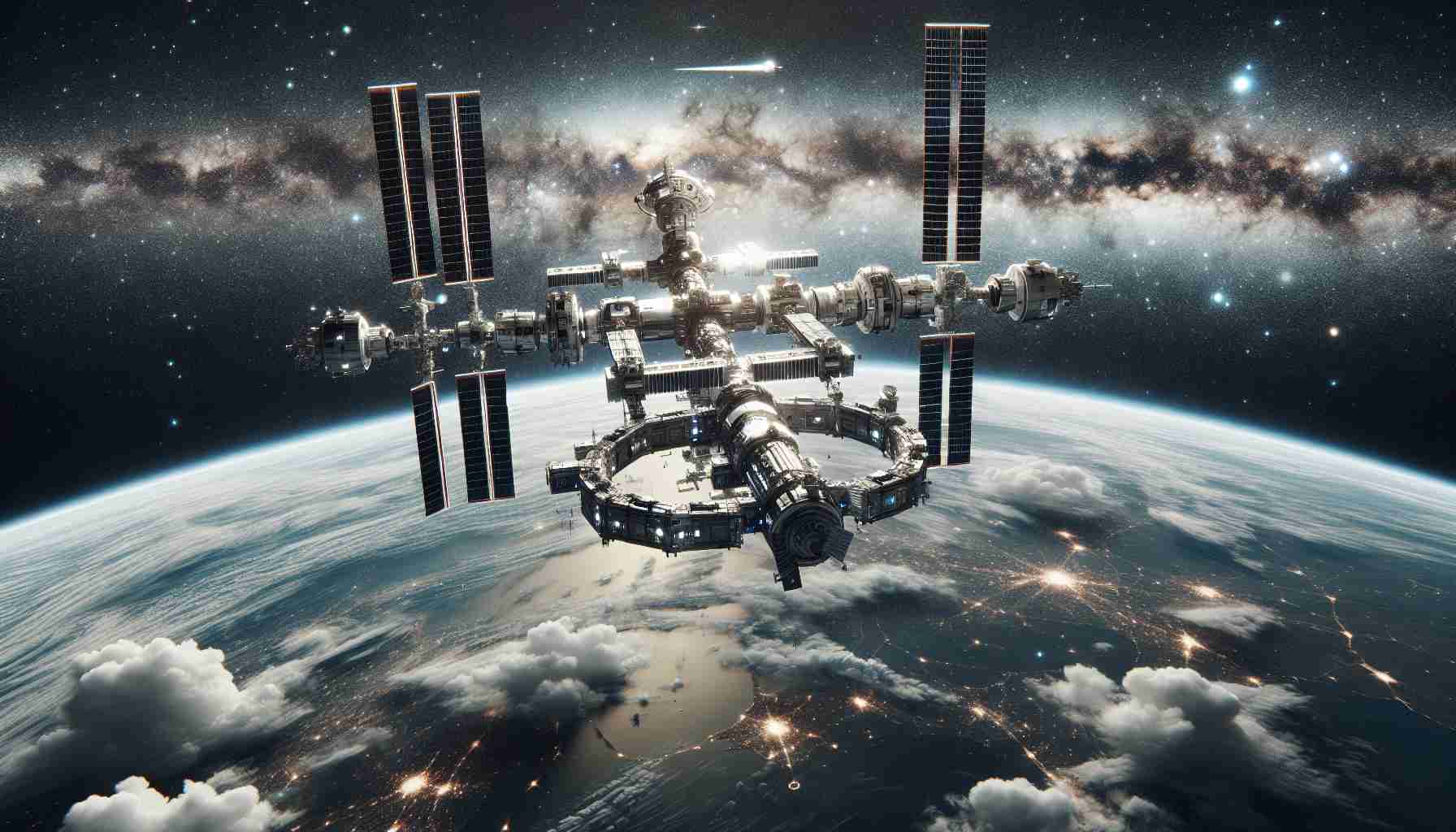 Generate a highly detailed, realistic HD image illustrating the future of space travel, with a focus on a conceptual space station that surpasses the International Space Station in terms of technological advancement and design. This futuristic space station, let's call it Axiom, should be portrayed as boldly leaping beyond the present-day capabilities of human space habitation, complete with advanced structures, high-tech equipment, and a visually striking aesthetic against the backdrop of the infinite cosmos.