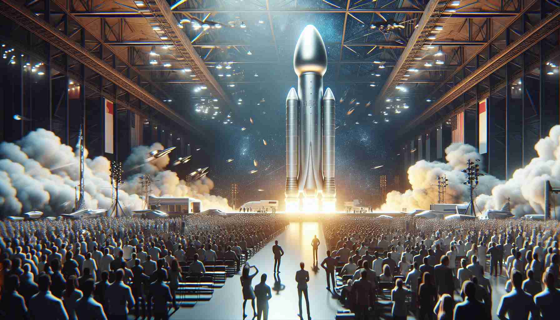 Generate a highly detailed and realistic image of a groundbreaking event at a non-specific space exploration company. The company has just unveiled their new advancement in eco-friendly rocket technology. The futuristic scene features an enormous, streamlined rocket with sleek design elements, ready to burst into the sky. The crowd brims with joy, excitement, and anticipation, eying the rocket's eco-conscious design with admiration. The environment is bustling with energy and pride. This setting indicates an evolutionary step in space exploration emphasizing sustainability and environmental consciousness.