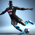 A realistically rendered high-definition image of a top-notch soccer player who hails from Napoli, identifiable by his black and azure blue uniform. This striker, who is African and physically defined, is depicted in a dynamic posture indicating that he is on the move, kicking the ball. The intrigue heightens as we ponder, what could be his next action on the field?