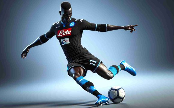 A realistically rendered high-definition image of a top-notch soccer player who hails from Napoli, identifiable by his black and azure blue uniform. This striker, who is African and physically defined, is depicted in a dynamic posture indicating that he is on the move, kicking the ball. The intrigue heightens as we ponder, what could be his next action on the field?