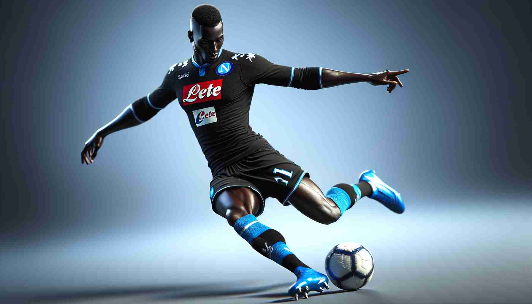 A realistically rendered high-definition image of a top-notch soccer player who hails from Napoli, identifiable by his black and azure blue uniform. This striker, who is African and physically defined, is depicted in a dynamic posture indicating that he is on the move, kicking the ball. The intrigue heightens as we ponder, what could be his next action on the field?