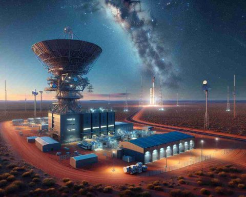 Create a high-definition and realistic image depicting a satellite facility in Western Australia. The setting should display the vast expanse of the Australian outback under a clear, star-filled night sky. To one side, highlight the new state-of-the-art satellite facility with modern architectural design, comprised of high-tech antenna and equipment under ambient light. In the background, include a launching pad with a satellite ready for launch, illuminating the surroundings with its powerful lights. This scene represents a significant advancement in Australia's foray into space exploration.