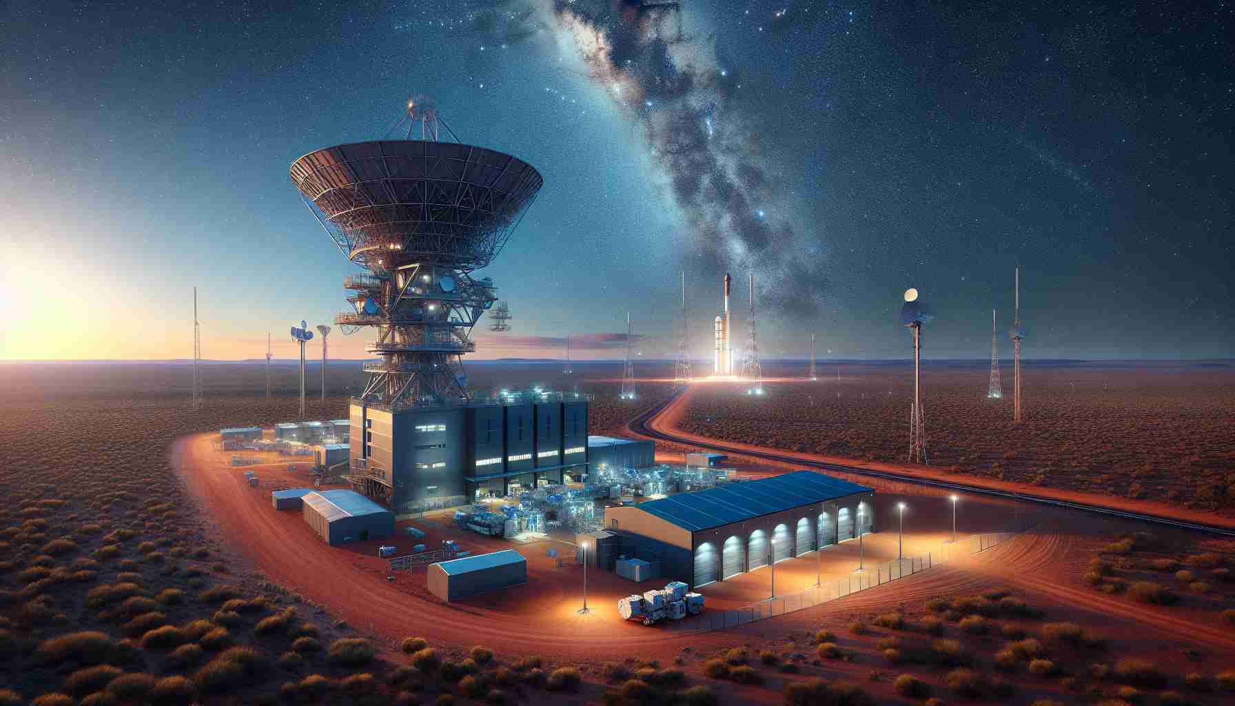 Create a high-definition and realistic image depicting a satellite facility in Western Australia. The setting should display the vast expanse of the Australian outback under a clear, star-filled night sky. To one side, highlight the new state-of-the-art satellite facility with modern architectural design, comprised of high-tech antenna and equipment under ambient light. In the background, include a launching pad with a satellite ready for launch, illuminating the surroundings with its powerful lights. This scene represents a significant advancement in Australia's foray into space exploration.