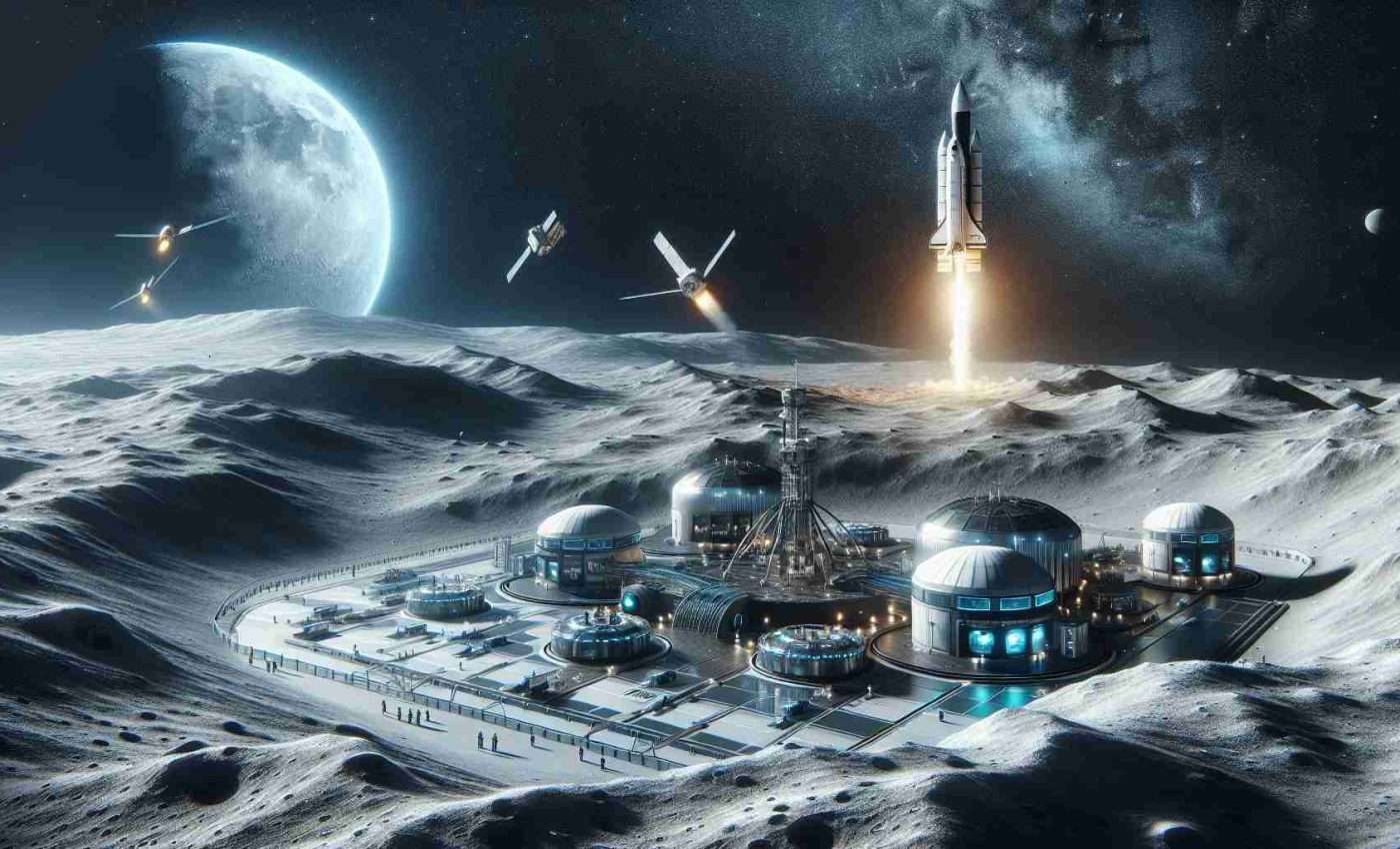 Detailed and high-quality image of a conceptual futuristic space collaboration for an ambitious moon mission. The image can feature a rocket from a prominent private space exploration company, taking off into a sky scattered with stars. In the distance, a lunar outpost, innovative and modern, stands resilient against the cold, barren lunar landscape. The outpost is equipped with systems designed for remote moon habitation. Additionally, it has research facilities, thriving in the harsh environment of the moon. The image should embody progress and the ever-growing ambition of mankind to explore the cosmos.