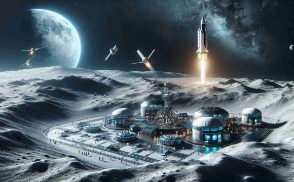 Detailed and high-quality image of a conceptual futuristic space collaboration for an ambitious moon mission. The image can feature a rocket from a prominent private space exploration company, taking off into a sky scattered with stars. In the distance, a lunar outpost, innovative and modern, stands resilient against the cold, barren lunar landscape. The outpost is equipped with systems designed for remote moon habitation. Additionally, it has research facilities, thriving in the harsh environment of the moon. The image should embody progress and the ever-growing ambition of mankind to explore the cosmos.