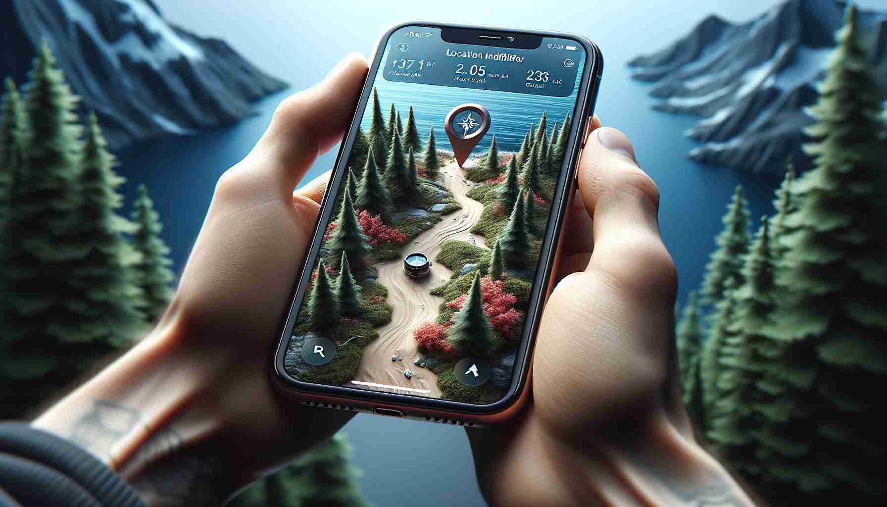 Generate a realistic, high definition image depicting a scenario where a location identifier feature on an iPhone helps a person to navigate in a difficult terrain. It could be a dense forest, a deserted island, or a complicated urban area. The device screen should display a map or compass application. Keep everything in vivid detail.