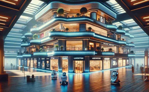 A high-definition, realistic image of an old, abandoned shopping mall, given a futuristic overhaul. Update it with luxurious stores, smart digital signage, cutting-edge technology infused interiors, and autonomous bots serving customers. Realistically portray the beauty of this forgotten mall, echoed with a neon-filled ambience, rising again to be the modern center of attraction.