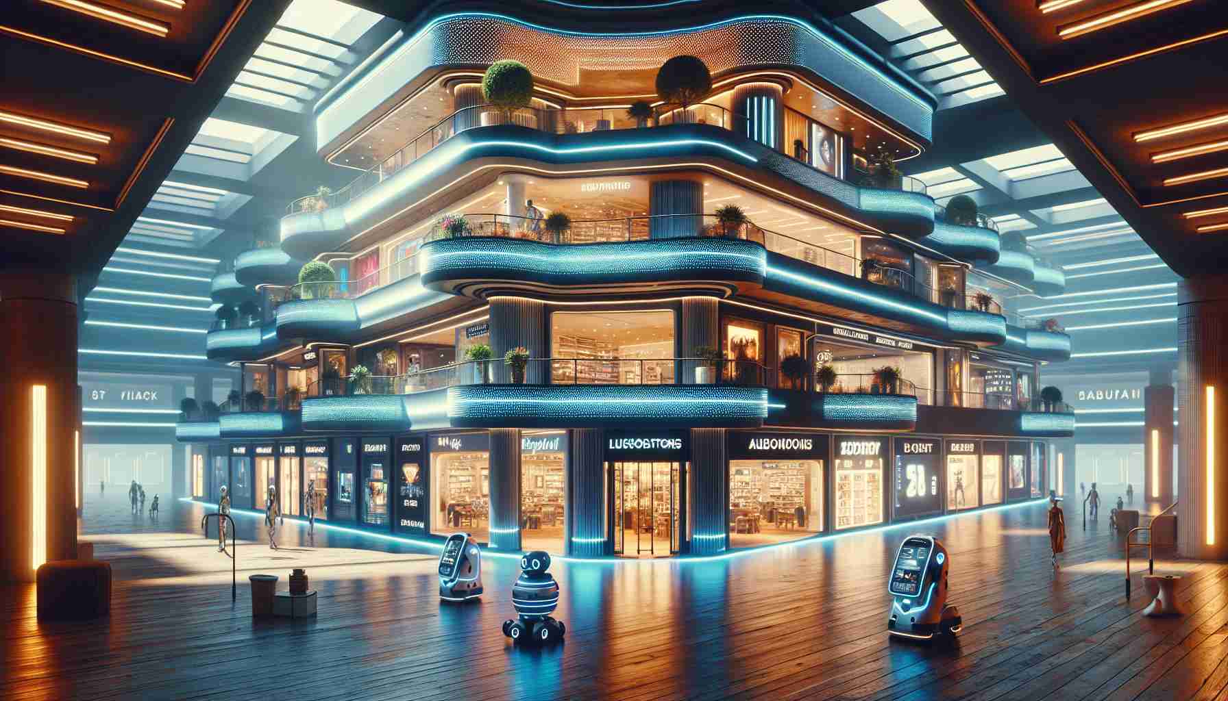 A high-definition, realistic image of an old, abandoned shopping mall, given a futuristic overhaul. Update it with luxurious stores, smart digital signage, cutting-edge technology infused interiors, and autonomous bots serving customers. Realistically portray the beauty of this forgotten mall, echoed with a neon-filled ambience, rising again to be the modern center of attraction.