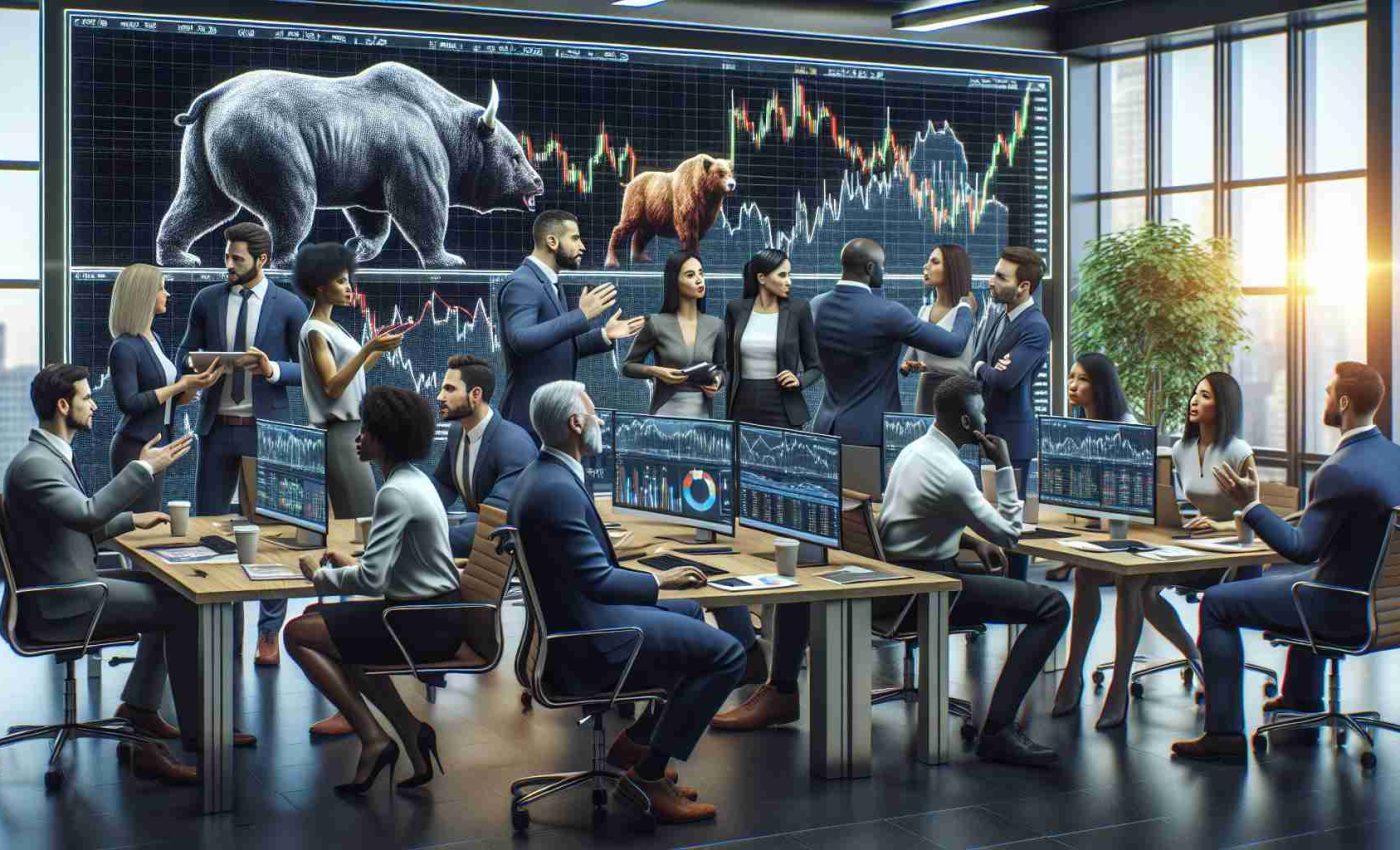 A hyperrealistic picture of an office environment, possibly at a major finance company, with diverse male and female analysts of Caucasian, Hispanic, Black, Middle-Eastern, and South Asian descent discussing in an animated way. They are examining digital charts and graphs that display market fluctuations. The room is buzz with varying opinions and reviews. There is a noticeable atmosphere of focus and intensity. In the background, a large LED screen displays the image of a bear and a bull, symbols of market trends.