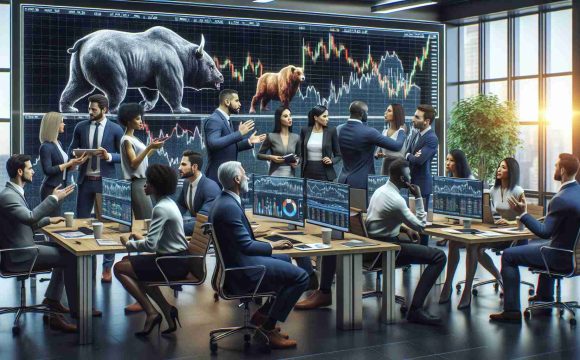 A hyperrealistic picture of an office environment, possibly at a major finance company, with diverse male and female analysts of Caucasian, Hispanic, Black, Middle-Eastern, and South Asian descent discussing in an animated way. They are examining digital charts and graphs that display market fluctuations. The room is buzz with varying opinions and reviews. There is a noticeable atmosphere of focus and intensity. In the background, a large LED screen displays the image of a bear and a bull, symbols of market trends.