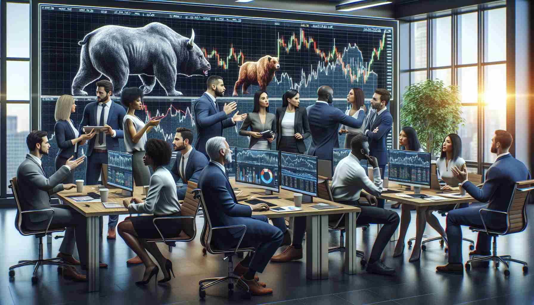 A hyperrealistic picture of an office environment, possibly at a major finance company, with diverse male and female analysts of Caucasian, Hispanic, Black, Middle-Eastern, and South Asian descent discussing in an animated way. They are examining digital charts and graphs that display market fluctuations. The room is buzz with varying opinions and reviews. There is a noticeable atmosphere of focus and intensity. In the background, a large LED screen displays the image of a bear and a bull, symbols of market trends.