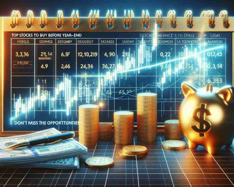 Create a high definition, realistic image that visually communicates the concept of 'Top Stocks to Buy Before Year-End: Don’t Miss These Opportunities'. This could include visuals such as a stock market chart showing an upwards trend, a calendar with the end of the year marked, and a golden opportunity symbol such as a door opening.