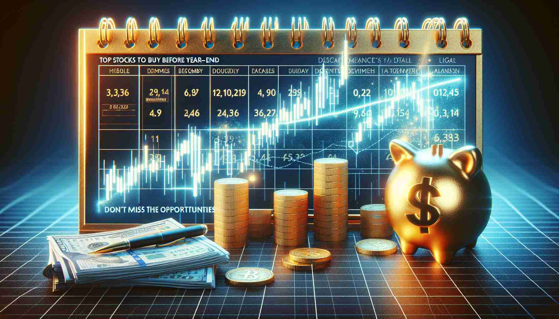 Create a high definition, realistic image that visually communicates the concept of 'Top Stocks to Buy Before Year-End: Don’t Miss These Opportunities'. This could include visuals such as a stock market chart showing an upwards trend, a calendar with the end of the year marked, and a golden opportunity symbol such as a door opening.