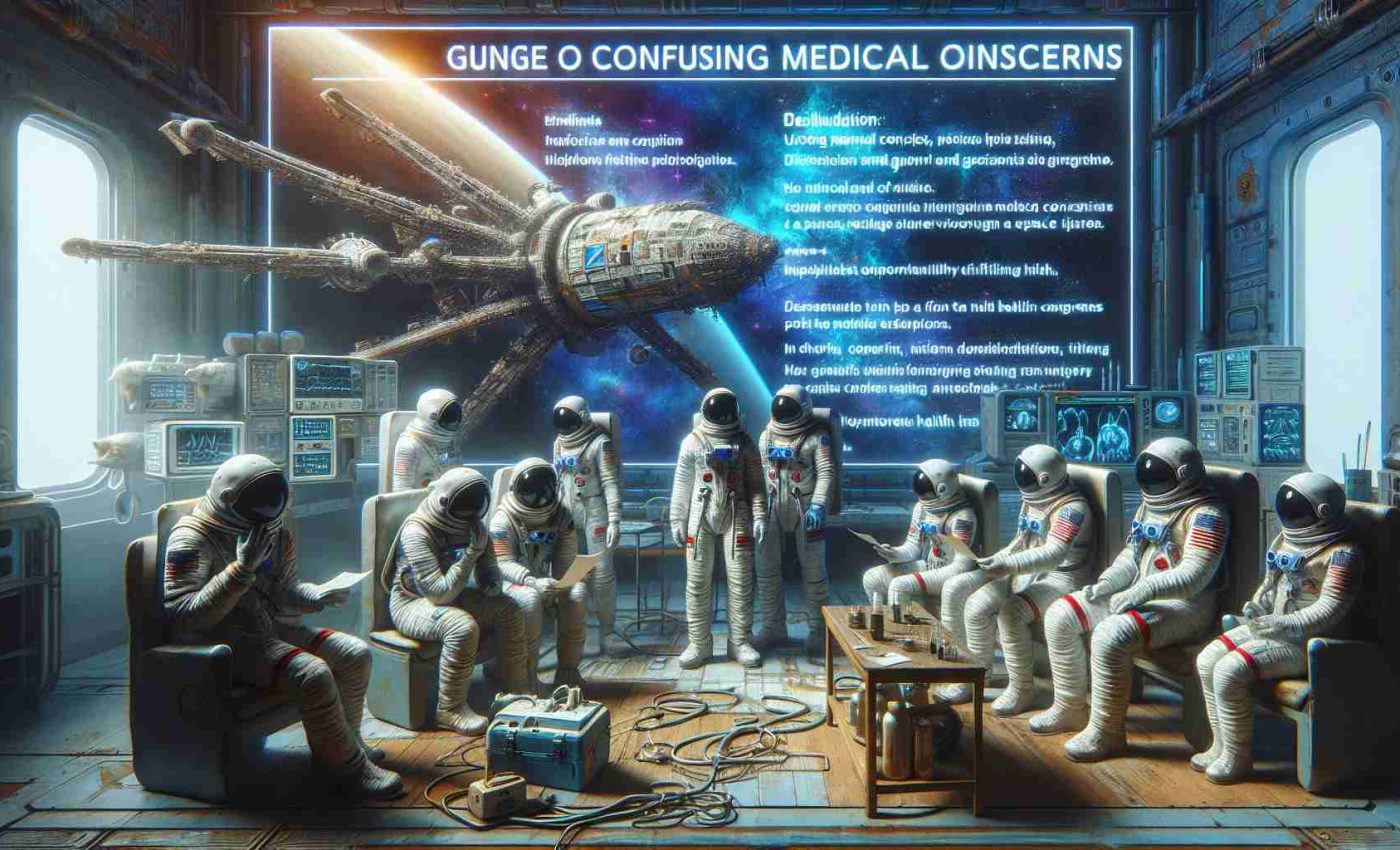 Generate a realistic HD image of a tableau showing an array of confusing medical concerns plaguing astronauts of diverse genders and descents, returning from a colossal journey through space. Picture them in their space uniforms, bewildered upon perusing medical reports revealing unfamiliar health issues. An interpretation of a spacecraft stands nearby, symbolizing their recent return from an epic space voyage. The whole scenario should instill a sense of mystery tied to their health status post a momentous trip to the cosmos.