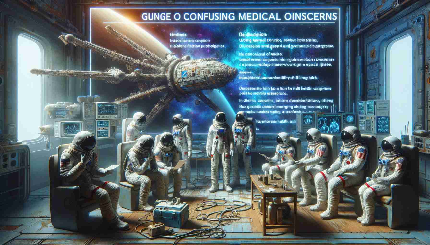 Generate a realistic HD image of a tableau showing an array of confusing medical concerns plaguing astronauts of diverse genders and descents, returning from a colossal journey through space. Picture them in their space uniforms, bewildered upon perusing medical reports revealing unfamiliar health issues. An interpretation of a spacecraft stands nearby, symbolizing their recent return from an epic space voyage. The whole scenario should instill a sense of mystery tied to their health status post a momentous trip to the cosmos.