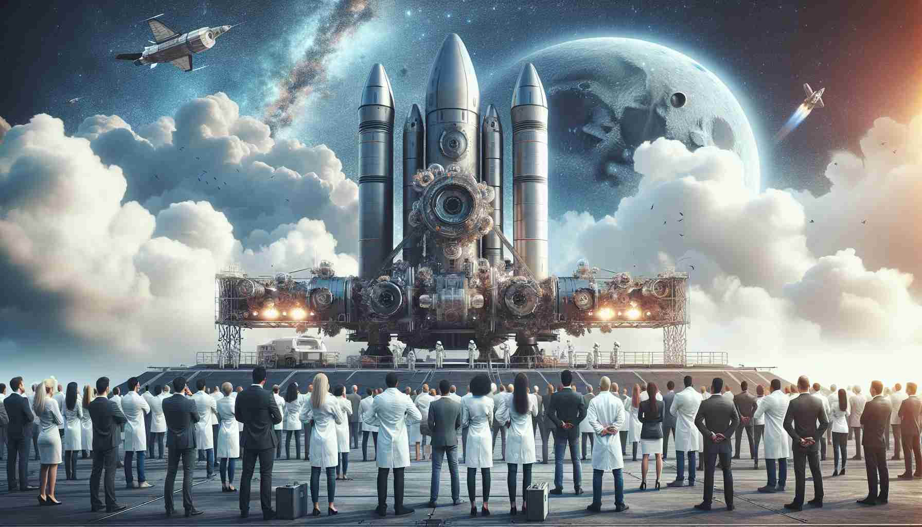 Generate a hyperrealistic HD image showing the latest Technology in space travel, with focus on revealing the futuristic designs of a modern-made spacecraft. The scene could be at a launchpad with engineers and scientists of varying genders and descents, displaying broad smiles as they proudly present their innovation. Clouds decorate the sky above, signifying this event might be the dawn of a new era in interstellar exploration.