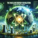 A high definition image depicting the concept of nuclear energy revolution. In the center of the composition, a glowing atomic symbol is surrounded by illustrations of futuristic cities powered by bright, clean energy reactors, and graphs showing rising investment figures. The title 'The Nuclear Energy Revolution: Is Now the Time to Invest?' can be seen at the top, capturing the viewer's attention. Green and blue colours dominate the scene, representing the earth and the clean energy promise of nuclear power, all in a realistic style.