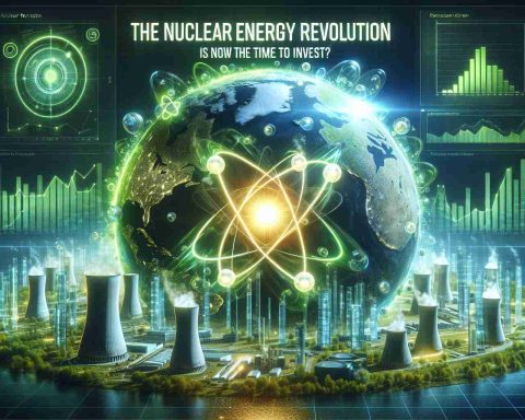 A high definition image depicting the concept of nuclear energy revolution. In the center of the composition, a glowing atomic symbol is surrounded by illustrations of futuristic cities powered by bright, clean energy reactors, and graphs showing rising investment figures. The title 'The Nuclear Energy Revolution: Is Now the Time to Invest?' can be seen at the top, capturing the viewer's attention. Green and blue colours dominate the scene, representing the earth and the clean energy promise of nuclear power, all in a realistic style.