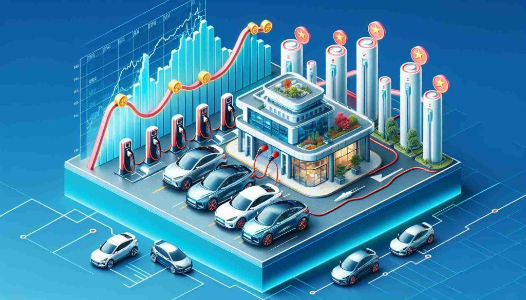 Create a realistic high-definition image of a Chinese electric vehicle (EV) company staging a resurgence. The image could include elements like the company's headquarters building, an EV charging station with some of their latest models lined up, and perhaps a positive stock graph illustrative of their financial revival.