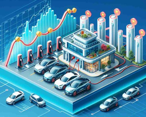 Create a realistic high-definition image of a Chinese electric vehicle (EV) company staging a resurgence. The image could include elements like the company's headquarters building, an EV charging station with some of their latest models lined up, and perhaps a positive stock graph illustrative of their financial revival.