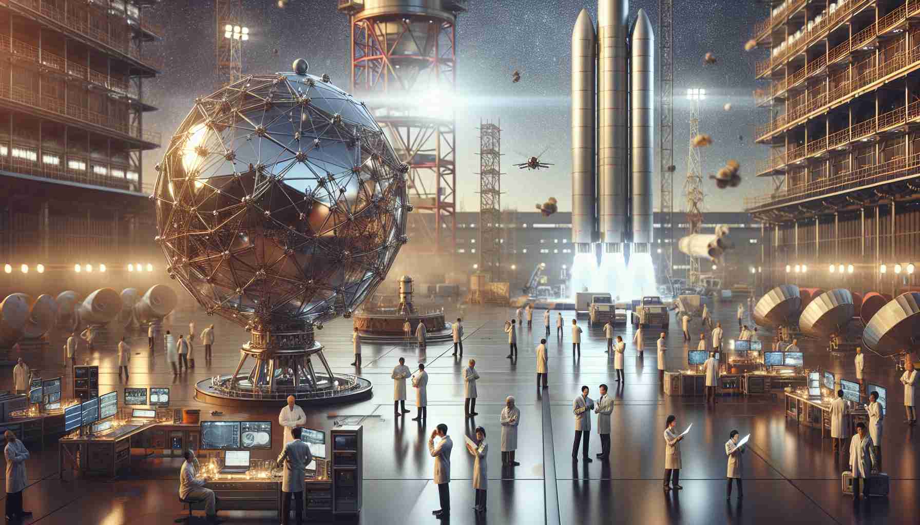 An HD quality, realistic representation of a notable South Asian space agency, preparing for an innovative satellite launch. The scene showcases the bustling activity around the launchpad with scientists and engineers, both male and female of various descents, performing a multitude of tasks. In the foreground, a shiny, intricate satellite stands ready for deployment, juxtapose a giant rocket on its launch pad. The atmosphere is filled with anticipation and excitement.