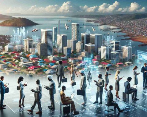 A high-definition realistic image depicting the digital leap in Equatorial Guinea. The scene could include citizens of various genders and descent, such as Middle-Eastern, Caucasian, Black and South Asian, using advanced technology in different settings such as schools, offices, and public spaces. This technology can include laptops, tablets, smartphones and digital screens. The landscape in the background should illustrate the fusion of traditional Equatoguinean architecture with modern, high-tech buildings, symbolizing the country's promising future.