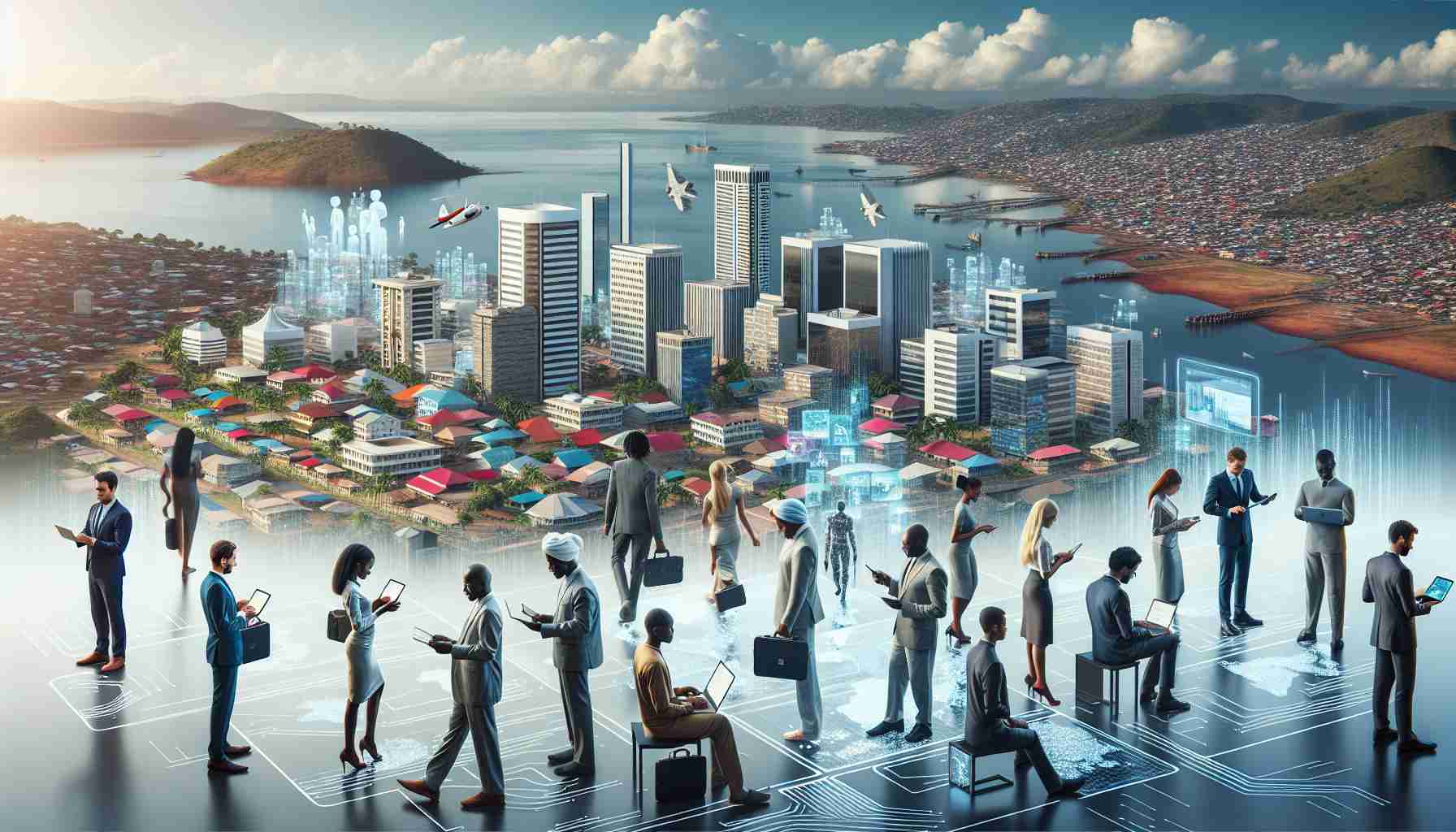 A high-definition realistic image depicting the digital leap in Equatorial Guinea. The scene could include citizens of various genders and descent, such as Middle-Eastern, Caucasian, Black and South Asian, using advanced technology in different settings such as schools, offices, and public spaces. This technology can include laptops, tablets, smartphones and digital screens. The landscape in the background should illustrate the fusion of traditional Equatoguinean architecture with modern, high-tech buildings, symbolizing the country's promising future.