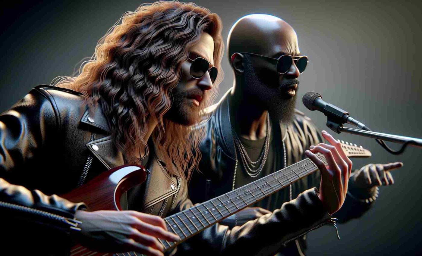 A highly realistic, high definition image capturing a moment of intense collaboration between two musicians during a song titled 'Now or Never'. One musician is a renowned rock artist, known for his long, wavy hair and leather ensembles. The other is a distinguished rapper, always seen sporting his characteristic bald look and sunglasses.