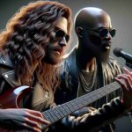 A highly realistic, high definition image capturing a moment of intense collaboration between two musicians during a song titled 'Now or Never'. One musician is a renowned rock artist, known for his long, wavy hair and leather ensembles. The other is a distinguished rapper, always seen sporting his characteristic bald look and sunglasses.