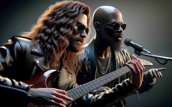 A highly realistic, high definition image capturing a moment of intense collaboration between two musicians during a song titled 'Now or Never'. One musician is a renowned rock artist, known for his long, wavy hair and leather ensembles. The other is a distinguished rapper, always seen sporting his characteristic bald look and sunglasses.