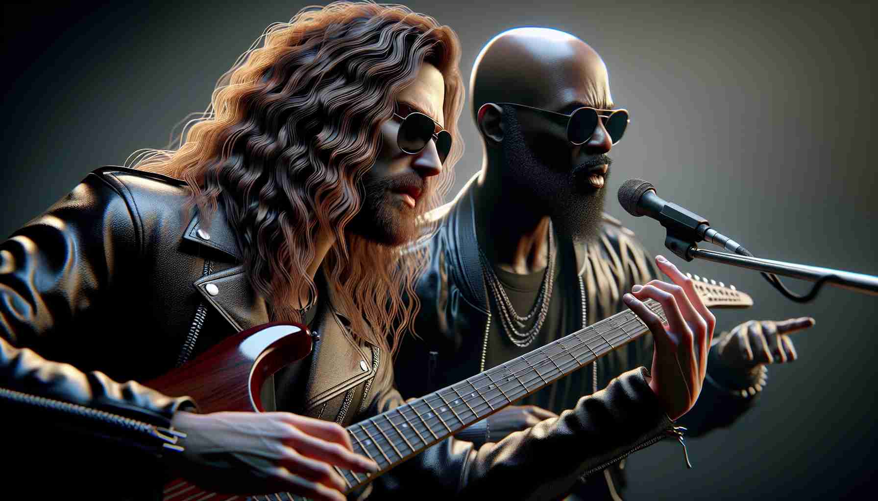 A highly realistic, high definition image capturing a moment of intense collaboration between two musicians during a song titled 'Now or Never'. One musician is a renowned rock artist, known for his long, wavy hair and leather ensembles. The other is a distinguished rapper, always seen sporting his characteristic bald look and sunglasses.